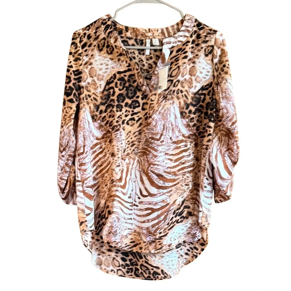 NEW J/M Sportswear Fits Medium Fall Colors‎ Animal Print Tunic Top Brown Tan